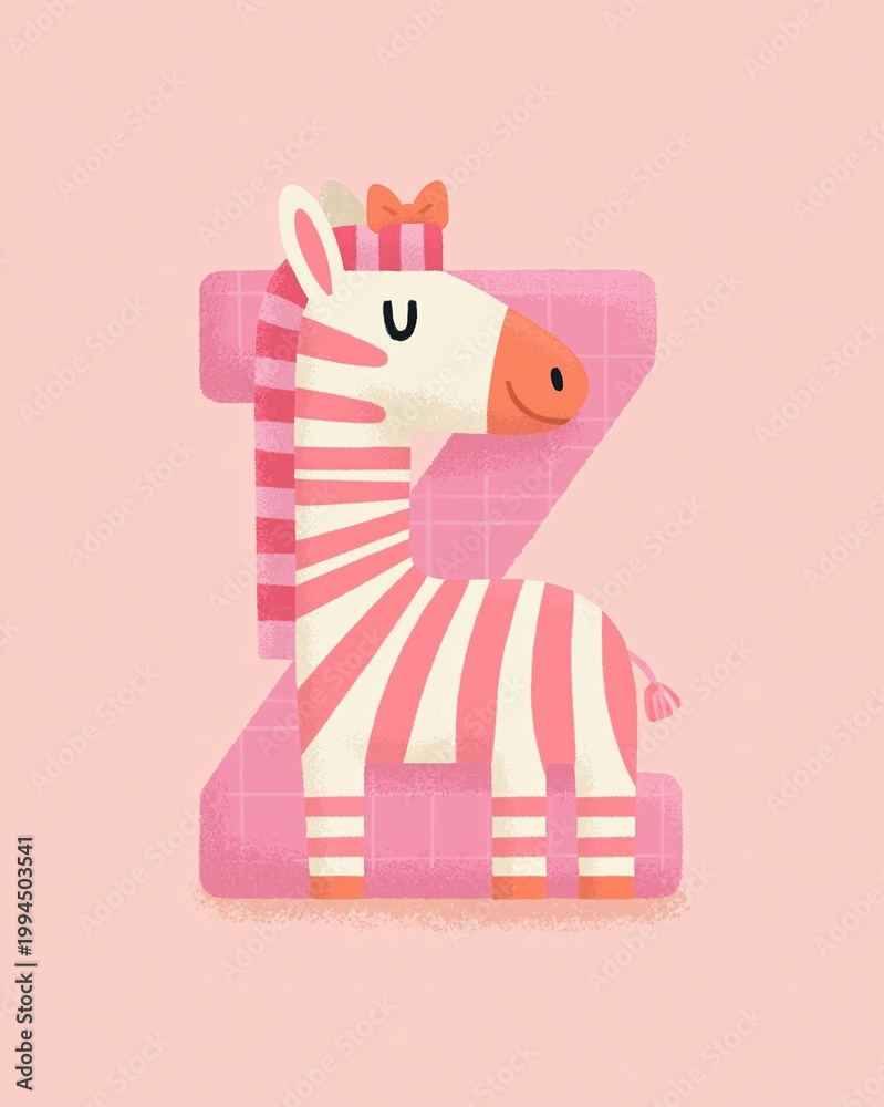 Fototapeta premium Whimsical Pink Striped Zebra with Red Chair in Pastel Pink Background