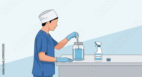 Medical professional preparing solution in jar with spray bottle nearby