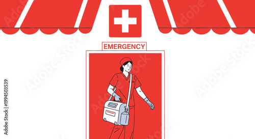 Medical professional with emergency bag at clinic entrance with red cross symbol