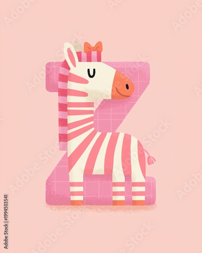 Whimsical Pink Striped Zebra with Red Chair in Pastel Pink Background