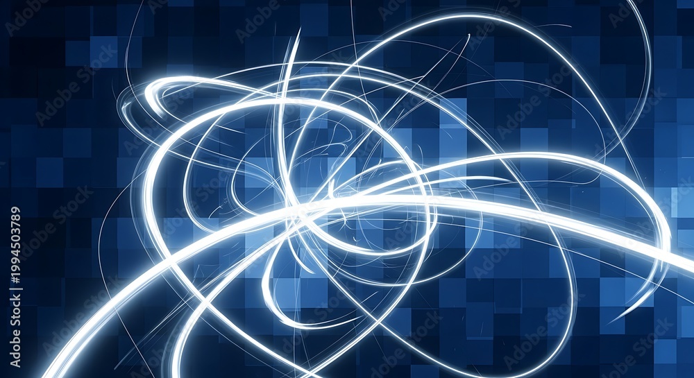Fototapeta premium Abstract glowing white light trails on blue digital background