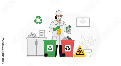 Medical waste sorting and disposal by healthcare professional with recycling bins