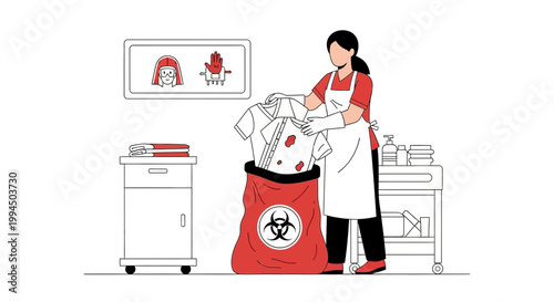 Medical worker disposing of contaminated clothing in biohazard bag, hospital cleaning concept