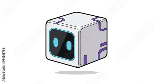 A futuristic white cube-shaped robot featuring glowing cyan digital eyes and sleek purple circuitry accents floats gracefully above a soft gray shadow surface.