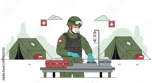 Military Medic Tending to Medical Supplies in Field Hospital Tents