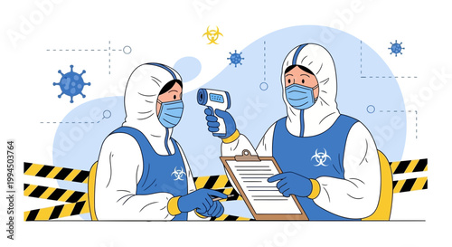 Medical workers in hazmat suits using thermometer and clipboard for virus screening