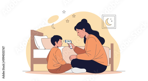 Mother checking child's temperature with digital thermometer at home, healthcare concept