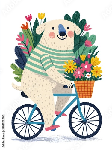 Whimsical Dog Character on Bicycle, Carrying Basket of Flowers and Riding Through Garden