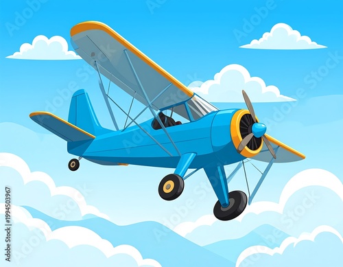Vintage Blue Airplane Flying Clouds.