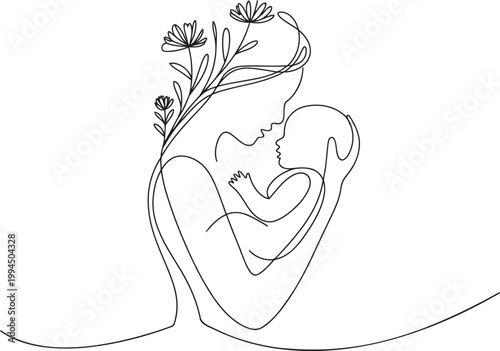 Mother Holding Baby Continuous One Line Drawing with Flowers Minimalist Motherhood Family Love Concept Vector Illustration for Mom Day Card
