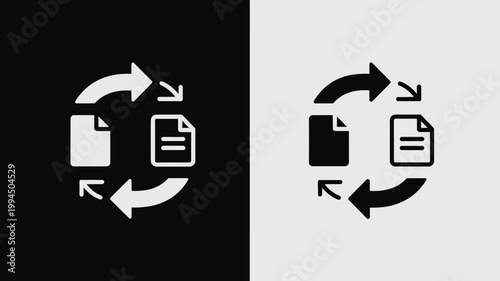 Document Icons Syncing Data Between Devices on Black and White Backgrounds For Technology Concepts