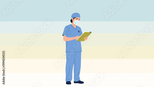 Medical Professional in Scrubs and Mask Holding Clipboard, Healthcare Concept