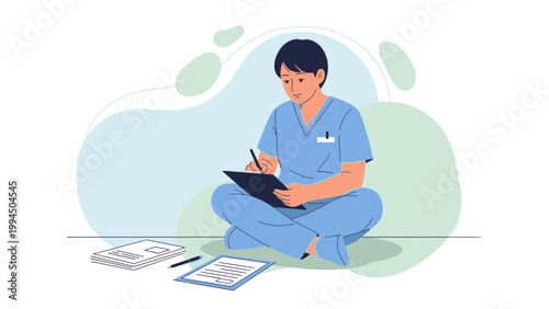 Medical professional sitting cross-legged, writing on a clipboard, surrounded by documents.