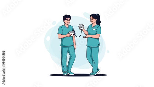 Medical Professionals Checking Blood Pressure, Healthcare Teamwork Illustration