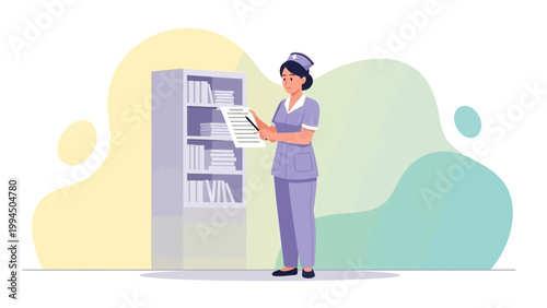 Nurse checking medical records in front of a bookshelf, healthcare concept