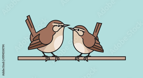 Two small brown birds on branch.