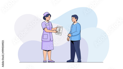 Nurse giving information paper to patient, medical consultation, healthcare concept