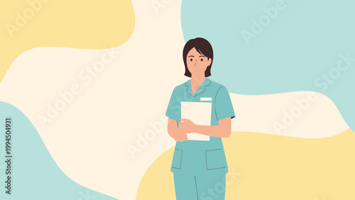 Nurse holding medical chart, flat illustration, pastel background