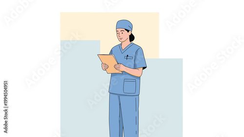 Nurse holding medical chart, wearing blue scrubs and cap, standing in hospital.