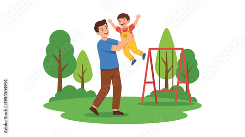 Father happily lifting his child in the air at a park with trees and playground equipment in the background, celebrating family fun and childhood joy outdoors
