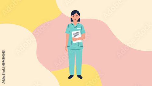 Nurse Holding Medical Chart, Smiling, Healthcare Professional, Flat Design Illustration