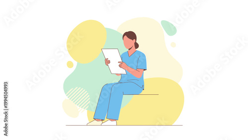 Nurse in blue scrubs sitting and reading a document with abstract colorful background
