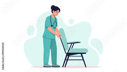 Nurse in scrubs adjusting a chair, healthcare concept illustration