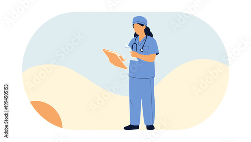 Nurse in scrubs holding clipboard, medical professional, healthcare illustration