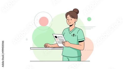 Nurse in Scrubs Reading Medical Document with Abstract Circles Background