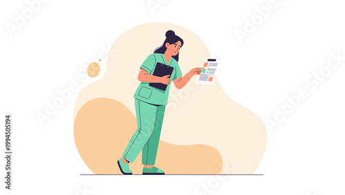 Nurse in scrubs reviewing medical documents on a clipboard, flat illustration