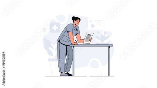 Nurse in scrubs reviewing patient chart at desk in modern clinic, flat illustration