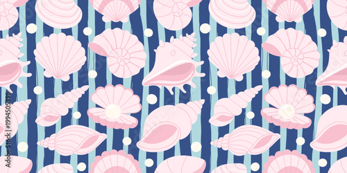 Seashell seamless pattern with pink shells and pearls on blue stripes. Hand drawn doodle marine background. Vector illustration for textile, wallpaper and swimwear.