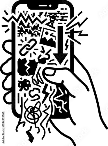 Hand holding smartphone with chaotic falling elements and symbols, depicting information overload. Digital detox concept. Vector illustration