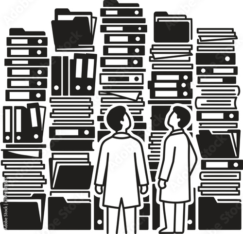 Two men looking up at large stacks of documents and folders in a black and white minimal line style vector illustration
