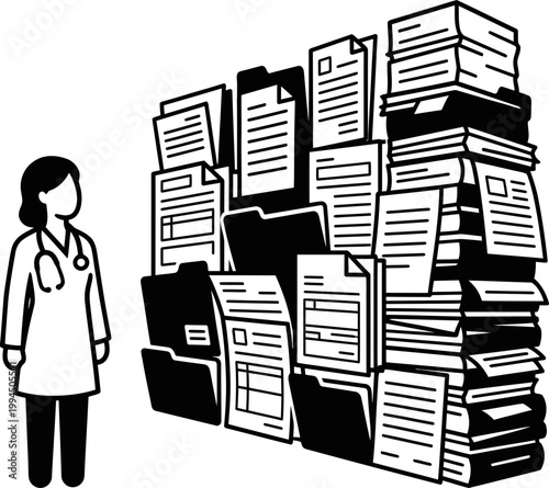Doctor woman facing a large amount of medical documents, files, and papers. Concept of healthcare management vector illustration
