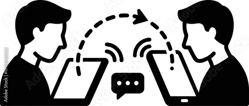 Two men messaging and transferring data between smartphones with message bubble and dotted arrow. Communication and technology. Vector icon