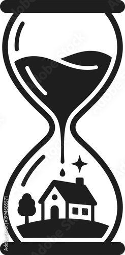Hourglass icon with house and falling sand inside. Time property concept. Black and white outline vector illustration for web design, symbol