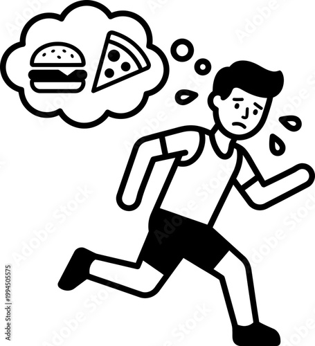 Young man running and thinking about junk food. Exercise and healthy lifestyle concept. Black outline vector illustration icon for wellness design