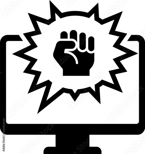 Fist breaking through computer screen icon. Digital anger, protest, and cyber attack concept. Vector illustration for web, app design