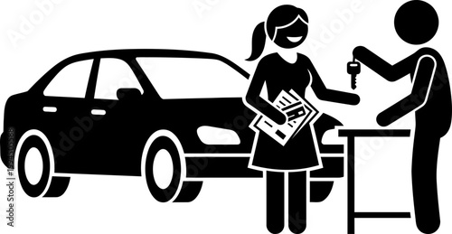 Customer woman buying a new or used car from a man salesperson or dealer at a dealership. Vector illustration on car sale or rental concept