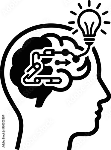 Human head profile icon with a light bulb lit up and a network of connected circuits inside, symbolizing new ideas and creative thinking. Vector illustration