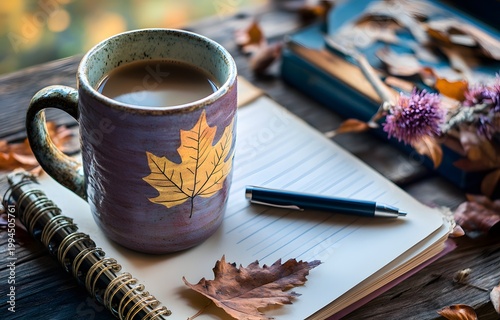 Autumn themed ceramic mug with leaf pattern and warm tones