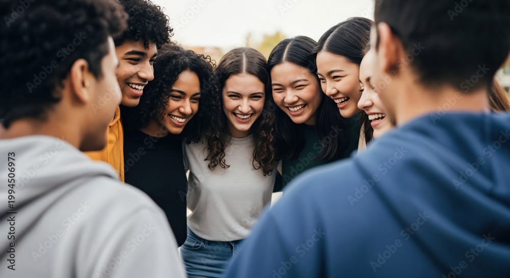 Fototapeta premium Diverse Group of Young Adults Smiling Together Outdoors in a Circle During a Fun Gathering