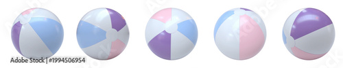 Vector set of realistic 3D rendered beach balls. Five inflatable water balls in soft pastel colors. Colorful purple, pink, blue and white striped beach balls shown from different angles, isolated.