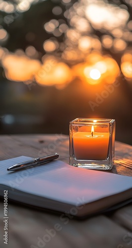 Wooden table with open notebook and pen against a sunset view