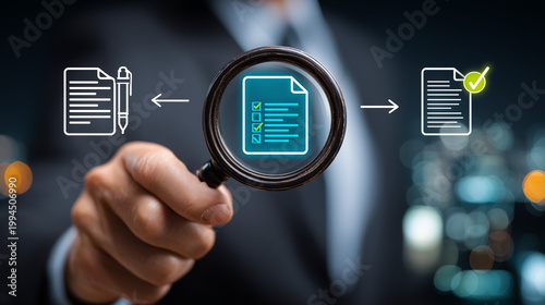 Magnifying glass Document management with magnifying glass, Document verification, Reviewing and approving digital documents with magnifying glass, magnifying glass focusing on online checklist form