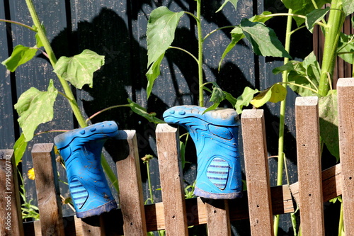 Blaue Gummistiefel auf einem Zaun