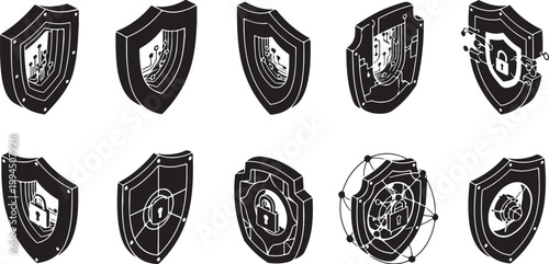 Shield icons with locks and security symbols