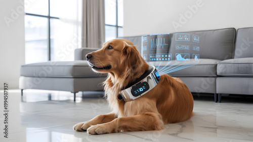 Smart dog collar with digital health tracking interface, golden retriever wearing wearable pet technology, futuristic animal wellness monitoring