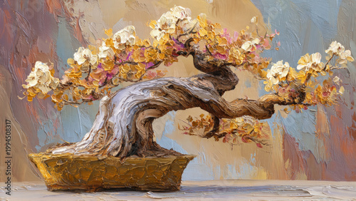 golden yellow bonsai tree painting